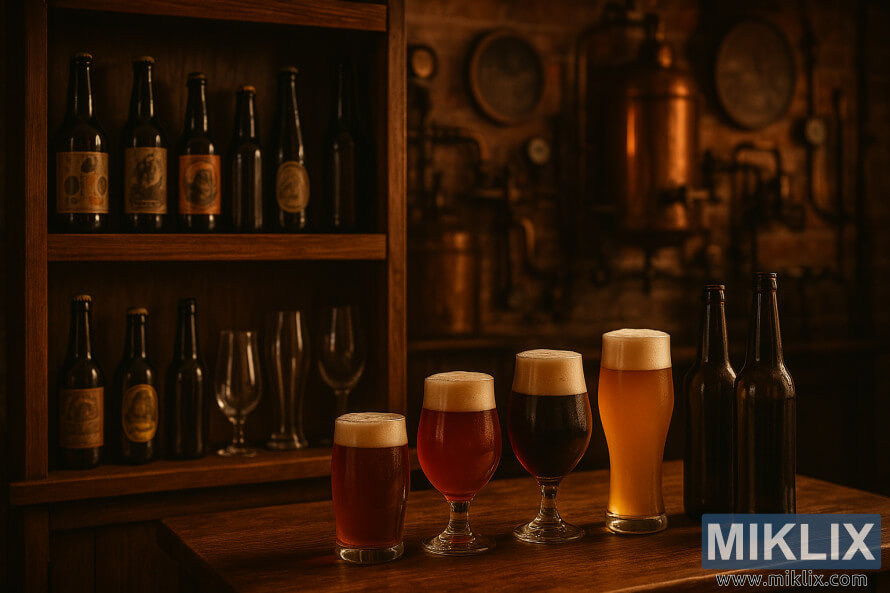 Interior aconchegante de cervejaria com prateleiras de madeira, iluminação acolhedora e uma variedade de copos e garrafas de cerveja em exposição. Interior aconchegante de cervejaria com prateleiras de madeira, iluminação acolhedora e uma variedade de copos e garrafas de cerveja em exposição.
