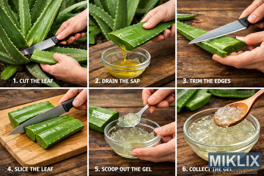 Colagem de fotos em seis etapas mostrando como colher o gel de aloe vera, desde cortar a folha e drenar a seiva até aparar, fatiar, retirar e coletar o gel transparente em uma tigela. Colagem de fotos em seis etapas mostrando como colher o gel de aloe vera, desde cortar a folha e drenar a seiva até aparar, fatiar, retirar e coletar o gel transparente em uma tigela.