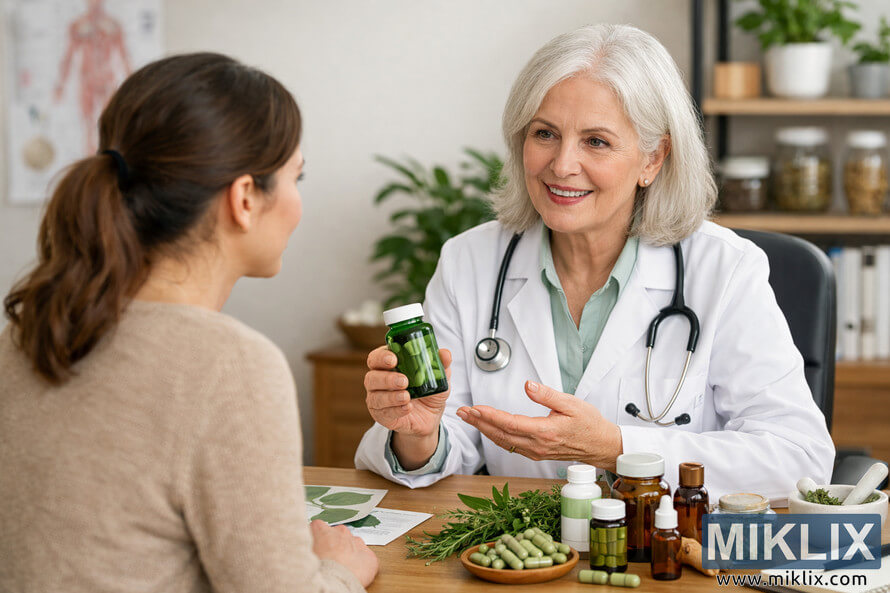 An older female doctor in a white lab coat consults with a younger woman about herbal supplements in a bright medical office. The doctor holds a green bottle of capsules while various herbal items and plants are arranged on the desk between them.