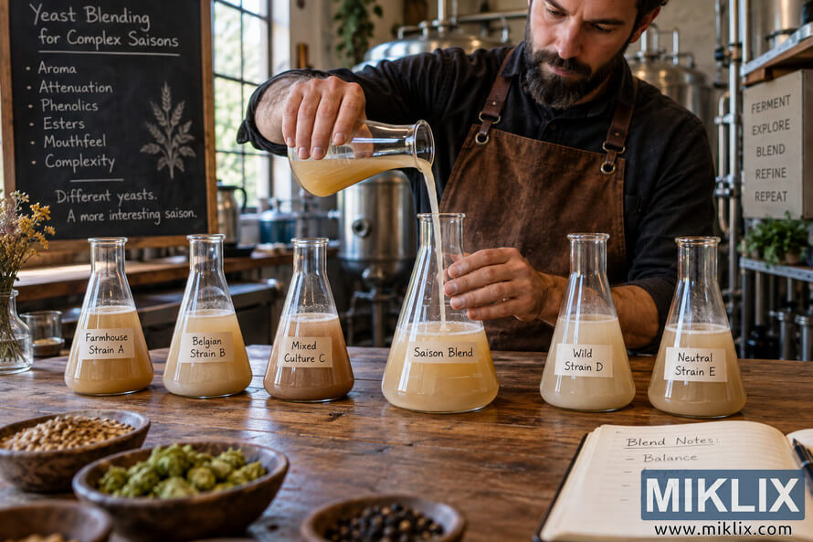 Brewer pours a cloudy yeast culture into a Saison Blend flask among labeled yeast strains in a rustic brewery workspace.