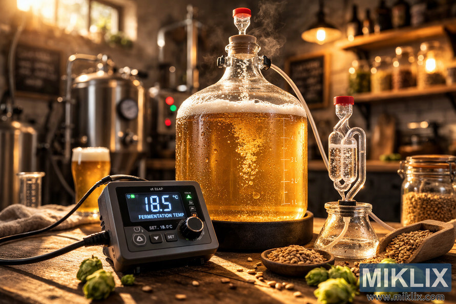 Close-up of a glass fermentation vessel filled with golden ale, bubbling airlock and digital temperature controller in a warm, rustic home brewery setting.