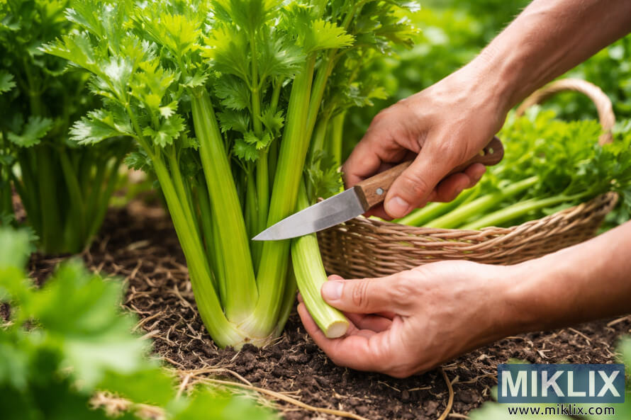 Hendur uppskera ytri sellerÃ­stÃ¶ngul meÃ° hnÃ­f en skilja restina af sellerÃ­plÃ¶ntunni eftir Ã­ garÃ°beÃ°i.