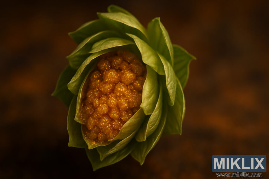 Ä°sti iÅÄ±qda yaÅÄ±l lÉÃ§ÉklÉri vÉ qÄ±zÄ±lÄ± lupulin bezlÉrini gÃ¶stÉrÉn hop Ã§iÃ§Éyinin ÉtraflÄ± makro fotoÅÉkili.