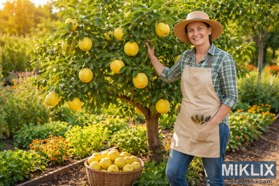 Home gardener in straw hat and apron standing beside a productive quince tree filled with ripe yellow fruit in a sunlit backyard garden.