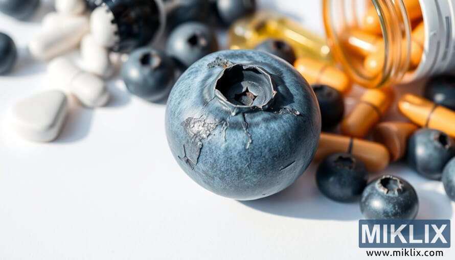 Posnetek borovnice od blizu z dodatki in medicinskimi pripomoÄki na belem ozadju.