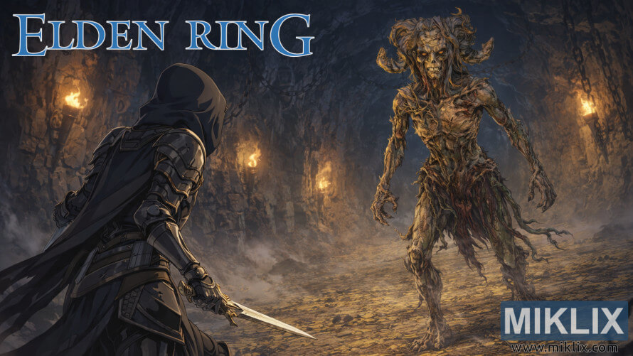 Fan art of Elden Ring's Black Knife armor-clad player battling the Lamenter in Lamenter's Gaol