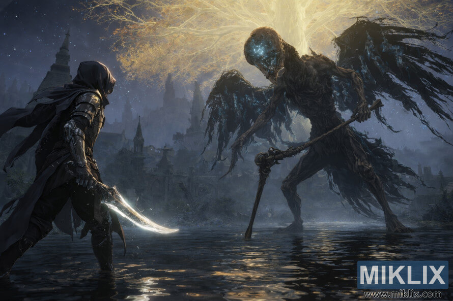 Anime stiliaus gerbÄjÅ³ pieÅ¡inys, vaizduojantis ApgaubtÄ Juodu Peilio Å¡arvais, susiduriantÄ¯ su stÅ«ksanÄiu Mirties apeigÅ³ paukÅ¡Äiu su lazda uÅ¾tvindytame Akademijos vartÅ³ miestelyje po ErdmedÅ¾iu.