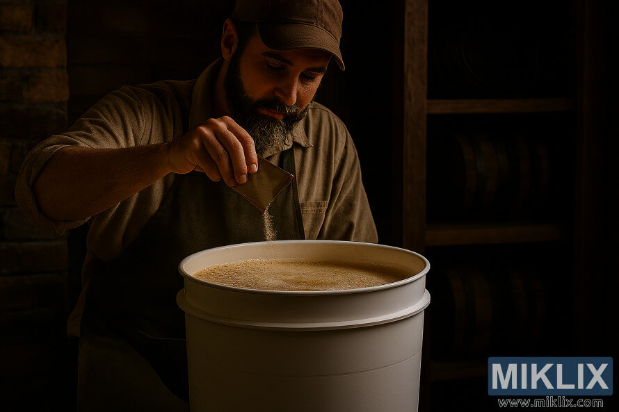 Man gooit droge gist in een witte gistingstank in een rustieke thuisbrouwerij Man gooit droge gist in een witte gistingstank in een rustieke thuisbrouwerij