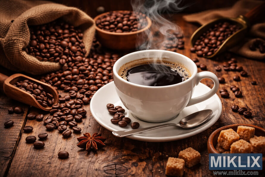 BÃ­lÃ½ Å¡Ã¡lek horkÃ© ÄernÃ© kÃ¡vy na rustikÃ¡lnÃ­m dÅevÄnÃ©m stole obklopenÃ½ roztrouÅ¡enÃ½mi kÃ¡vovÃ½mi zrny, pytlem z pytloviny, dÅevÄnou nabÄraÄkou a kostkami hnÄdÃ©ho cukru.