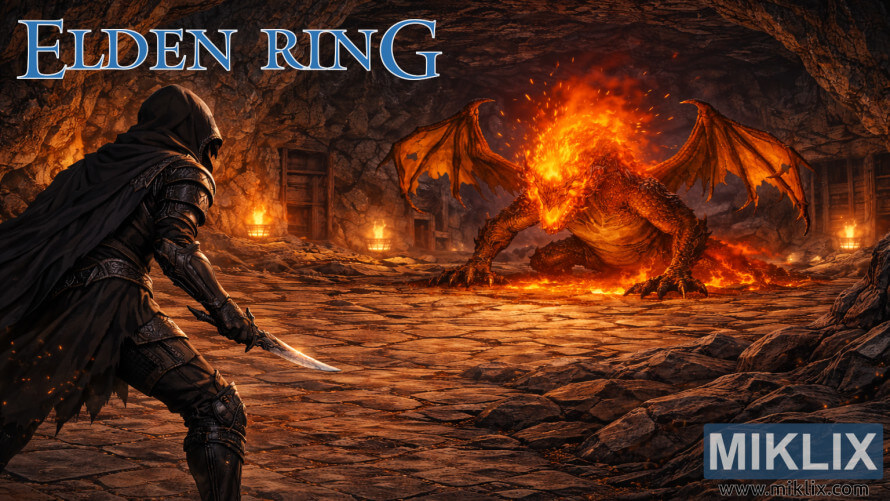 Elden Ring fan art of Black Knife armor-clad player battling Magma Wyrm in Gael Tunnel Elden Ring fan art of Black Knife armor-clad player battling Magma Wyrm in Gael Tunnel
