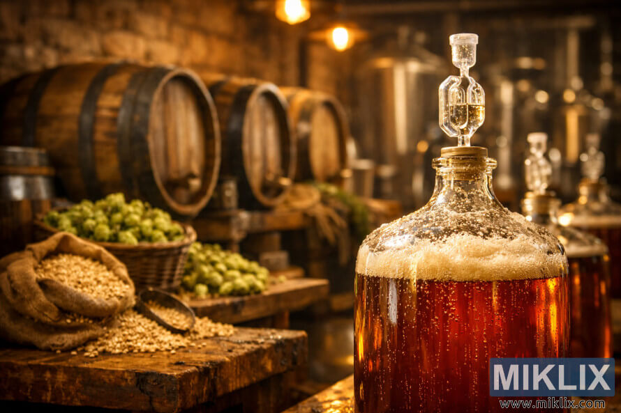 Egy meleg, rusztikus erjesztÅterem, elÅtérben borostyánszÃnű, sörrel töltött üvegballonnal, bugyborékoló zsilippel, fahordókkal, komlóval és gabonával lágy, aranyló fény alatt. Egy meleg, rusztikus erjesztÅterem, elÅtérben borostyánszÃnű, sörrel töltött üvegballonnal, bugyborékoló zsilippel, fahordókkal, komlóval és gabonával lágy, aranyló fény alatt.