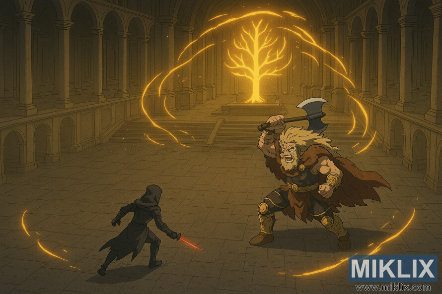 Weite, aus der Vogelperspektive aufgenommene Ansicht des Elden-Throns, die Godfrey im Kampf gegen einen Krieger des Schwarzen Messers unter einem leuchtenden Erdtree-Siegel zeigt. Weite, aus der Vogelperspektive aufgenommene Ansicht des Elden-Throns, die Godfrey im Kampf gegen einen Krieger des Schwarzen Messers unter einem leuchtenden Erdtree-Siegel zeigt.