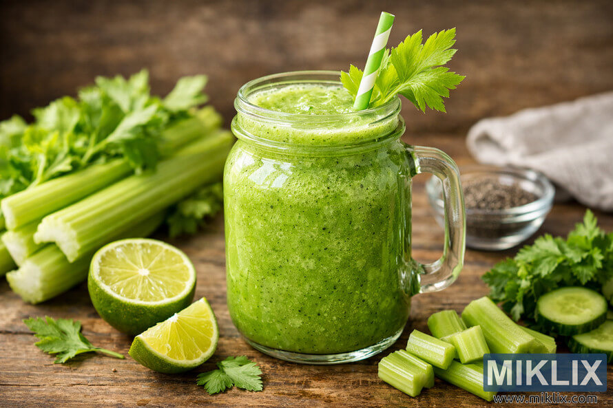 Fresh celery green smoothie in a mason jar with celery stalk, lime, and parsley on a rustic wooden table.