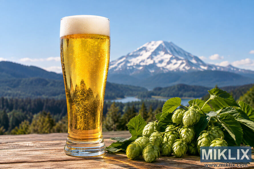 Clear golden pilsner with a foamy head beside fresh green hop cones on a rustic wooden table, with evergreen forest and a snow-capped mountain beneath a bright blue sky. Clear golden pilsner with a foamy head beside fresh green hop cones on a rustic wooden table, with evergreen forest and a snow-capped mountain beneath a bright blue sky.
