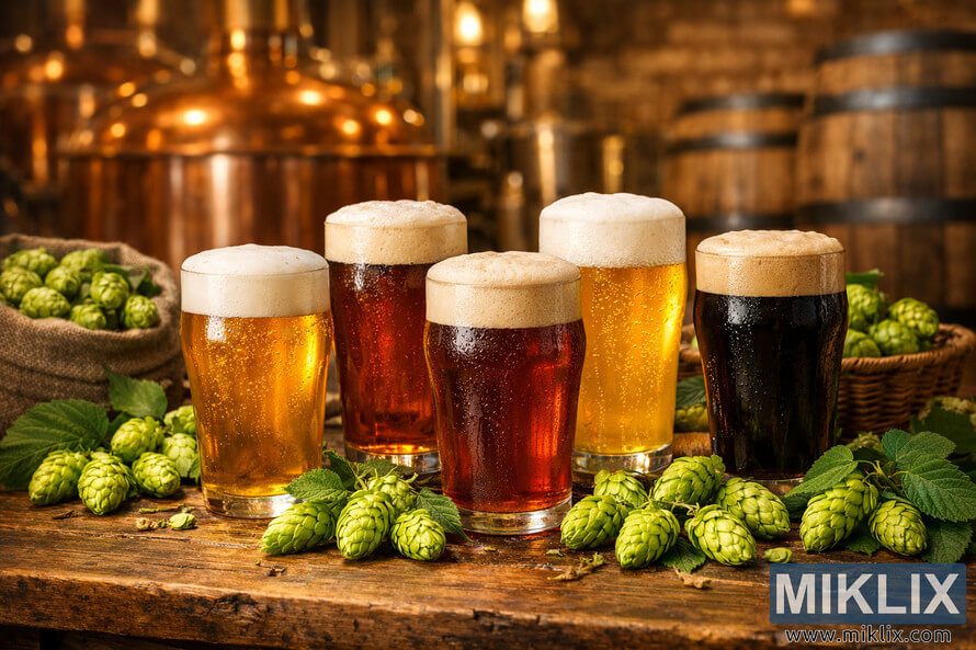 A cozy brewery scene featuring various amber and golden beers with frothy tops, fresh green Pioneer hop cones on a rustic wooden table, and copper brewing kettles softly blurred in the background under warm golden light.