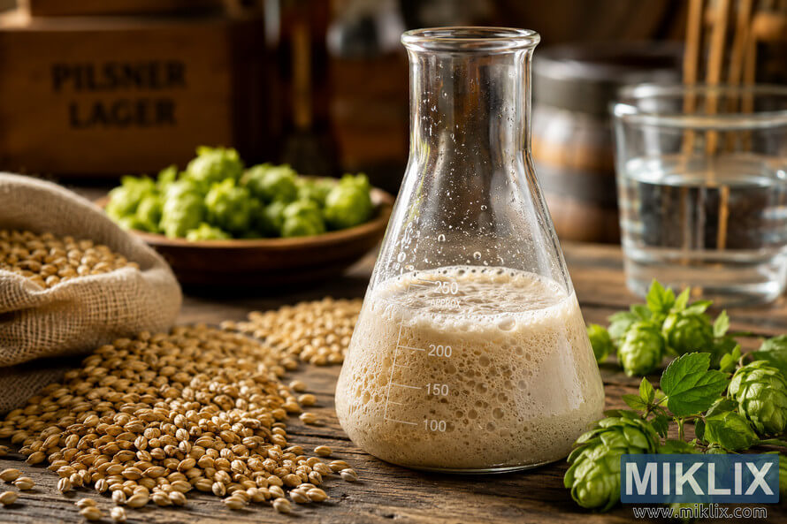 Close-up of a glass flask filled with bubbling Pilsner lager yeast surrounded by malt grains, green hops, and water on a rustic wooden brewery table. Close-up of a glass flask filled with bubbling Pilsner lager yeast surrounded by malt grains, green hops, and water on a rustic wooden brewery table.