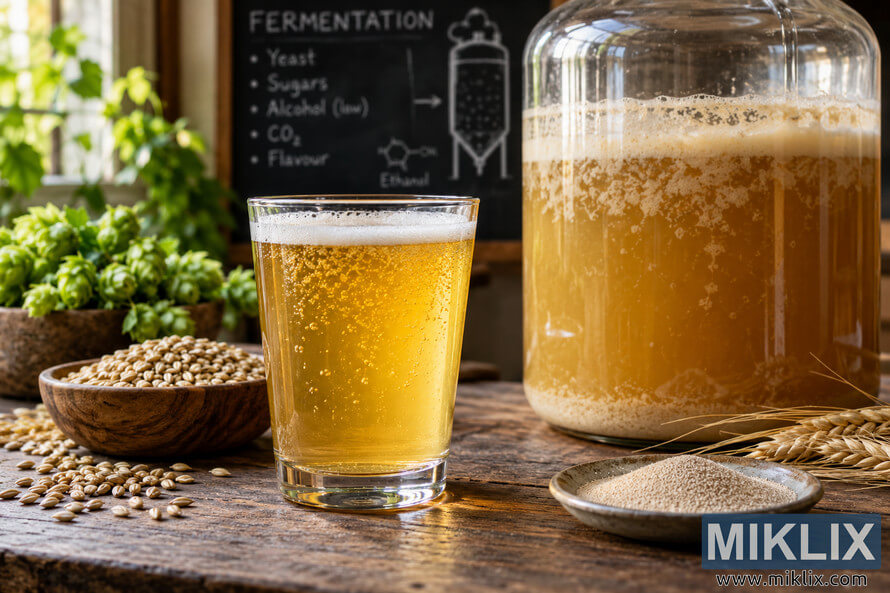 Golden low-alcohol beer beside a foamy fermentation vessel, grain, hops and yeast-like granules, with a fermentation chalkboard behind.