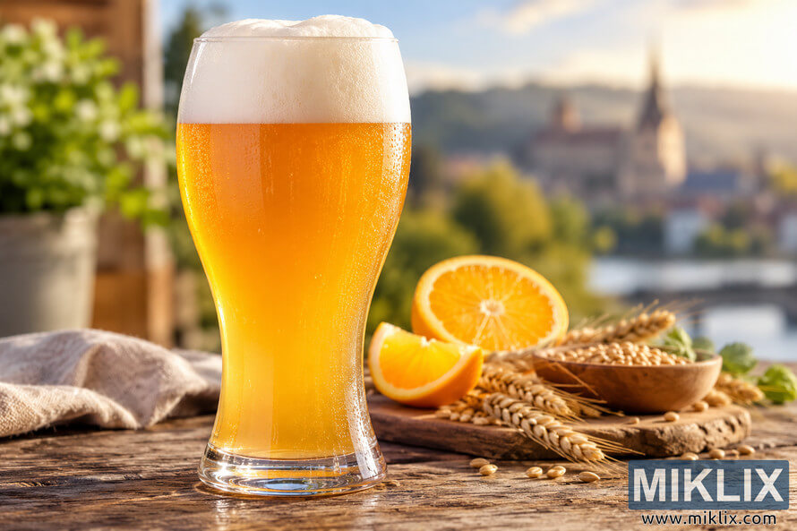 Tall glass of hazy golden wheat beer with a white foam head, surrounded by orange slices, wheat stalks and grains on a rustic wooden table. Tall glass of hazy golden wheat beer with a white foam head, surrounded by orange slices, wheat stalks and grains on a rustic wooden table.