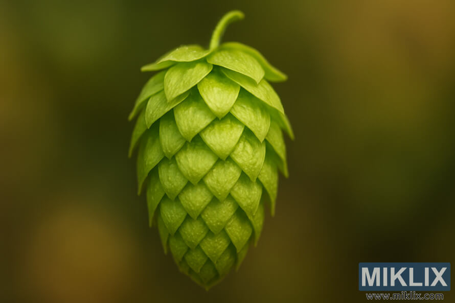 Gambar jarak dekat kon Celeia hop hijau dengan pencahayaan lembut, hangat dan latar belakang kabur.