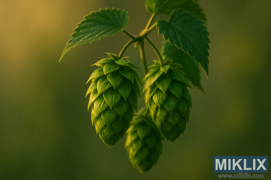 Tampilan dekat kerucut hop Southern Cross berwarna hijau zamrud yang disinari sinar matahari keemasan dengan latar belakang yang sedikit kabur.