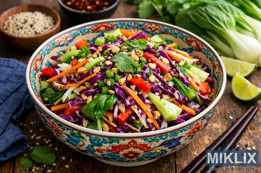 A vibrant Asian slaw salad featuring bok choy, purple cabbage, carrots, and red bell peppers served in a decorative ceramic bowl on a rustic wooden table. A vibrant Asian slaw salad featuring bok choy, purple cabbage, carrots, and red bell peppers served in a decorative ceramic bowl on a rustic wooden table.