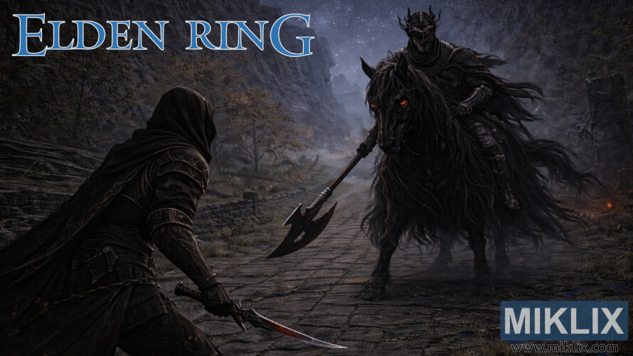 Sanaa ya mashabiki wa Elden Ring inayoonyesha silaha za kisu cheusi zilizovaliwa na rangi nyeusi zikiwakabili wapanda farasi wa usiku kwenye Barabara Kuu ya Bellum usiku, muda mfupi kabla ya vita.