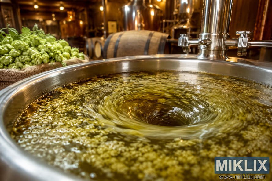 Close-up landscape image of a stainless steel brew kettle creating a dynamic whirlpool during the beer brewing process, filled with swirling hop particles and surrounded by fresh green hop flowers inside a warmly lit rustic brewery.