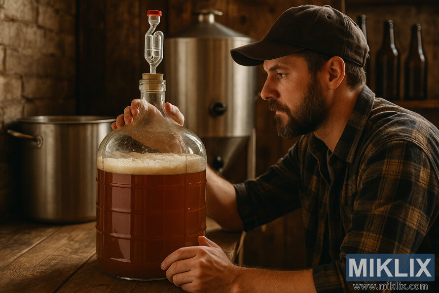 Brodaty piwowar domowy w kraciastej koszuli uwaÅ¼nie obserwuje szklany gÄsior z fermentujÄcym piwem w ciepÅym, rustykalnym otoczeniu.