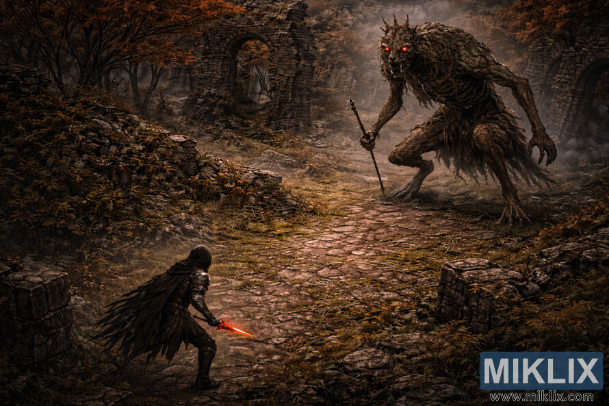 SemirealistickÃ¡ fantasy scÃ©na z krajiny, v ktorej temnÃ½ obrnenÃ½ bojovnÃ­k ÄelÃ­ tÃ½Äiacej sa poloÄ¾udskej krÃ¡Ä¾ovnej v rozÄ¾ahlÃ½ch lesnÃ½ch ruinÃ¡ch pred bitkou.