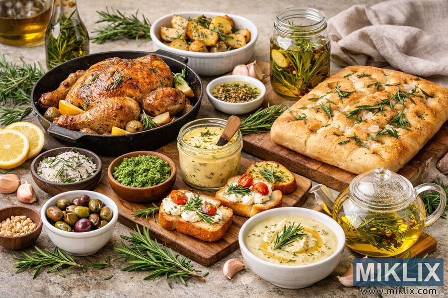 An assortment of rosemary-based dishes and ingredients arranged on a rustic kitchen countertop, including roasted chicken, focaccia bread, pesto, soup, and tea. An assortment of rosemary-based dishes and ingredients arranged on a rustic kitchen countertop, including roasted chicken, focaccia bread, pesto, soup, and tea.