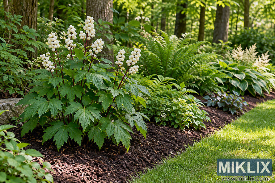 White baneberry with clusters of white berries and green foliage growing in a mulched woodland border beside ferns and lawn. White baneberry with clusters of white berries and green foliage growing in a mulched woodland border beside ferns and lawn.