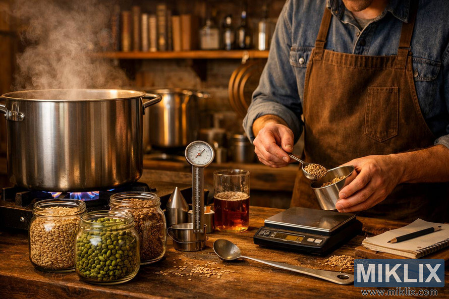 A warm, inviting homebrewing workstation in a rustic brewery kitchen, featuring a large stainless steel pot simmering over a blue gas flame with steam rising, glass jars filled with pale malted barley, green hop pellets, and crystal malt in the foreground, a brewer in a denim shirt and brown apron carefully measuring grains onto a stainless steel scale with a metal spoon, and various brewing tools including a digital thermometer, long metal stirring spoon, glass beaker of amber liquid, immersion thermometer, funnel, notepad, and pencil, all set against softly lit wooden shelves lined with brewing books, bottles, and equipment. A warm, inviting homebrewing workstation in a rustic brewery kitchen, featuring a large stainless steel pot simmering over a blue gas flame with steam rising, glass jars filled with pale malted barley, green hop pellets, and crystal malt in the foreground, a brewer in a denim shirt and brown apron carefully measuring grains onto a stainless steel scale with a metal spoon, and various brewing tools including a digital thermometer, long metal stirring spoon, glass beaker of amber liquid, immersion thermometer, funnel, notepad, and pencil, all set against softly lit wooden shelves lined with brewing books, bottles, and equipment.
