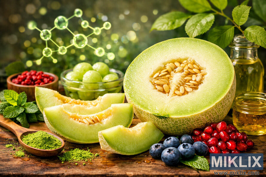 Landscape-oriented still life of a halved honeydew melon and melon wedges on a rustic wooden surface, surrounded by antioxidant-rich ingredients including green powder in a wooden spoon, dried red berries in a small wooden bowl, blueberries, pomegranate seeds, green leaves, a glass bowl of melon balls, a bottle of green liquid, and a jar of golden liquid, with glowing green molecular structures and soft bokeh light orbs floating in the blurred background. Landscape-oriented still life of a halved honeydew melon and melon wedges on a rustic wooden surface, surrounded by antioxidant-rich ingredients including green powder in a wooden spoon, dried red berries in a small wooden bowl, blueberries, pomegranate seeds, green leaves, a glass bowl of melon balls, a bottle of green liquid, and a jar of golden liquid, with glowing green molecular structures and soft bokeh light orbs floating in the blurred background.