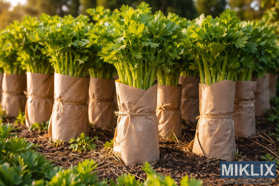 SellerÃ­plÃ¶ntur vaxa Ã­ garÃ°rÃ¶Ã°um meÃ° stilka sÃ­na vafÃ°a Ã­ brÃºnt pappÃ­r til aÃ° bleikjast Ã­ hlÃ½ju sÃ³larljÃ³si.