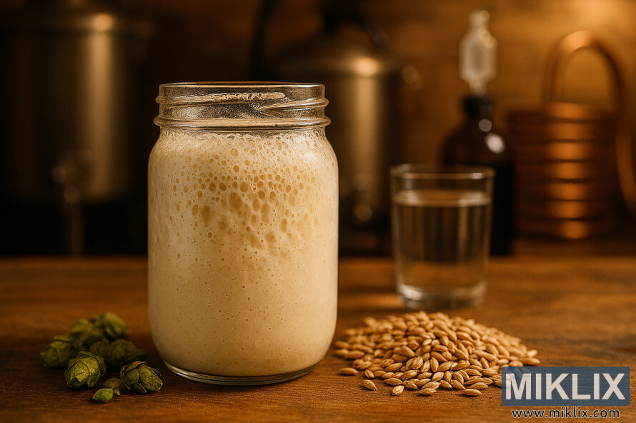 Jar of creamy kveik ale yeast on a wooden table with hops, malt, and brewing tools in warm lighting Jar of creamy kveik ale yeast on a wooden table with hops, malt, and brewing tools in warm lighting