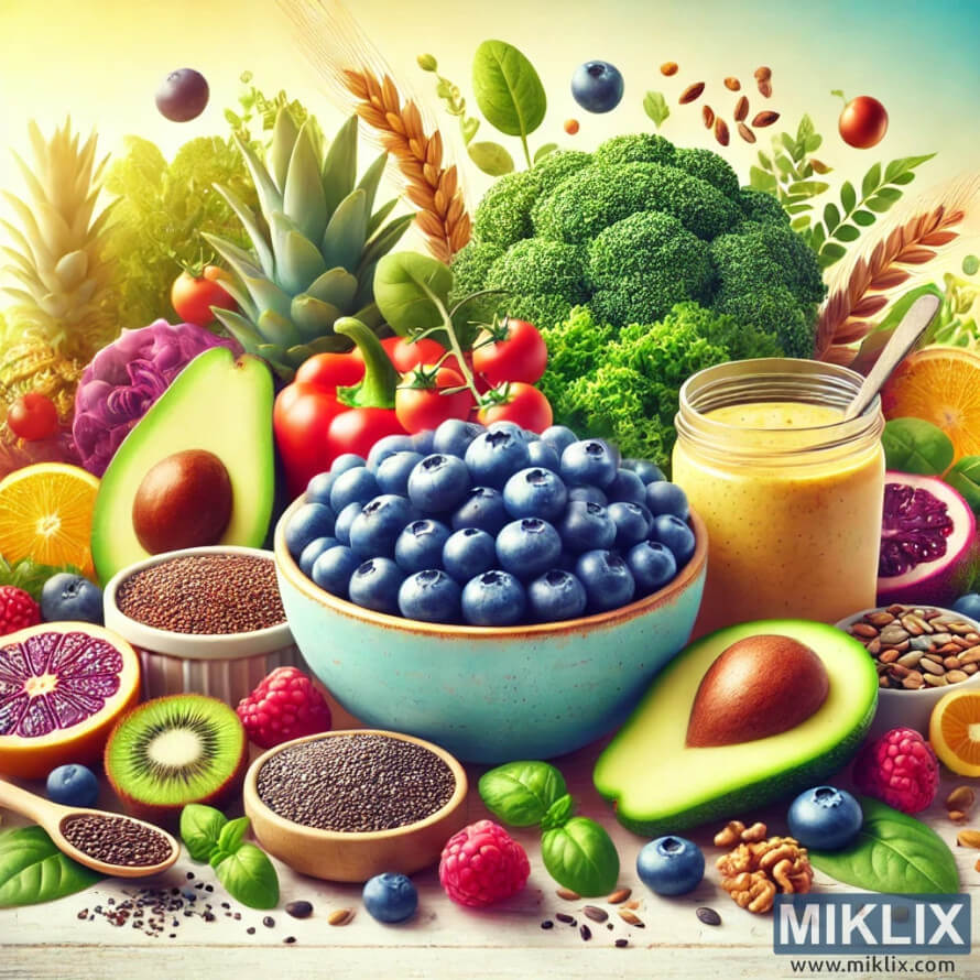Colorful display of fruits, seeds, nuts, and smoothie for healthy nutrition.