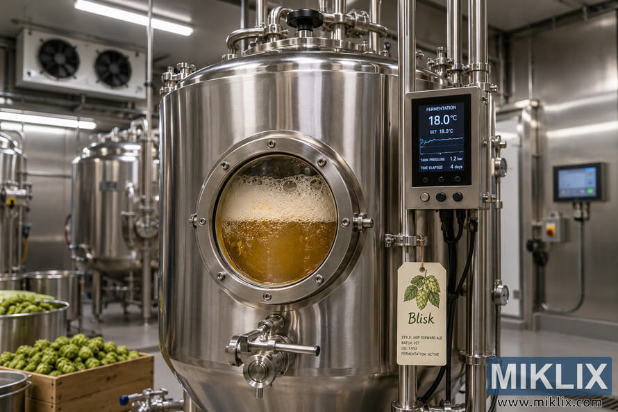 Photorealistic landscape view of a temperature-controlled brewery fermentation chamber with a stainless-steel fermenter, golden beer and foam visible through a circular sight glass, digital temperature controls, sanitary pipework, and fresh green hop cones in the foreground. Photorealistic landscape view of a temperature-controlled brewery fermentation chamber with a stainless-steel fermenter, golden beer and foam visible through a circular sight glass, digital temperature controls, sanitary pipework, and fresh green hop cones in the foreground.