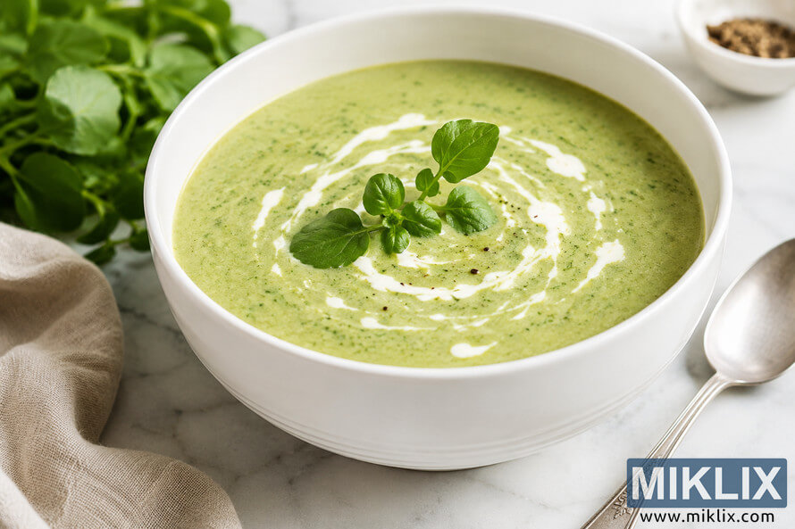 A creamy green watercress soup served in a large white bowl, garnished with a swirl of cream and fresh watercress leaves, placed on a light marble surface beside a silver spoon in soft natural lighting. A creamy green watercress soup served in a large white bowl, garnished with a swirl of cream and fresh watercress leaves, placed on a light marble surface beside a silver spoon in soft natural lighting.