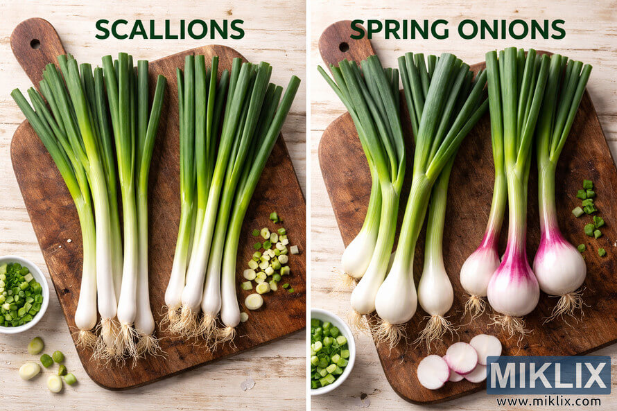 Side-by-side comparison of scallions and spring onions on wooden boards highlighting the smaller bulbs of scallions and the larger rounded bulbs of spring onions.