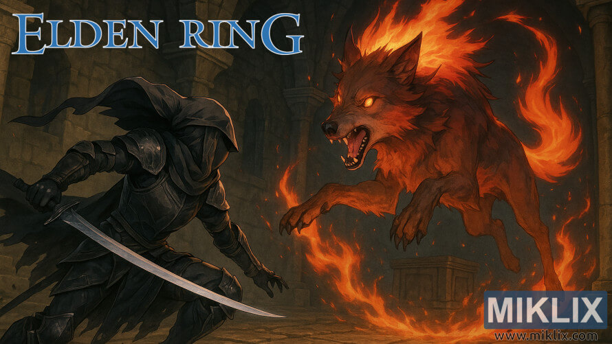 Karya seni penggemar seorang pembunuh Black Knife melawan Serigala Merah yang berapi-api milik sang Juara di dalam Makam Pahlawan Gelmir dari Elden Ring.