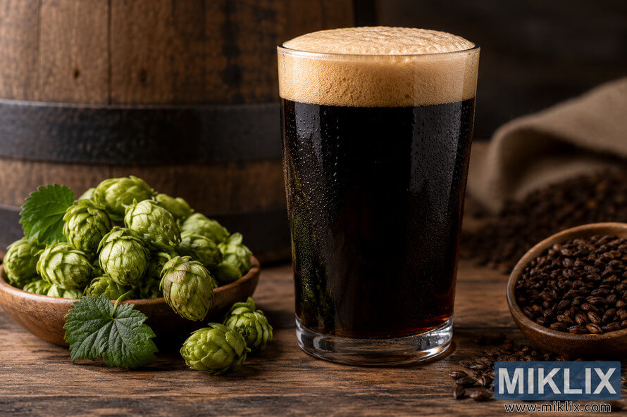 A glass of nearly black porter with a thick tan foam head stands on a rustic wooden table, surrounded by fresh green hop cones and dark roasted malt, with a wooden barrel softly blurred in the background. A glass of nearly black porter with a thick tan foam head stands on a rustic wooden table, surrounded by fresh green hop cones and dark roasted malt, with a wooden barrel softly blurred in the background.