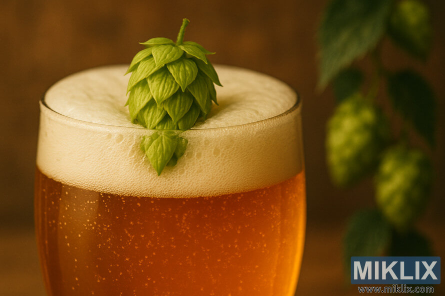 Close-up van een goud-amberkleurig ambachtelijk bier met een groene Cobb-hopbel op de schuimkraag in warme taproomverlichting.