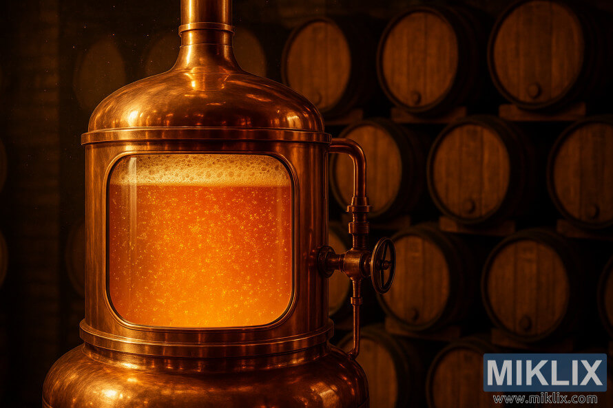 A polished copper fermentation tank glowing with golden liquid, set before rows of wooden barrels in warm, ambient lighting. A polished copper fermentation tank glowing with golden liquid, set before rows of wooden barrels in warm, ambient lighting.