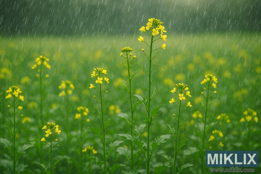 Healthy mustard plants with yellow flowers in a field during rainfall
