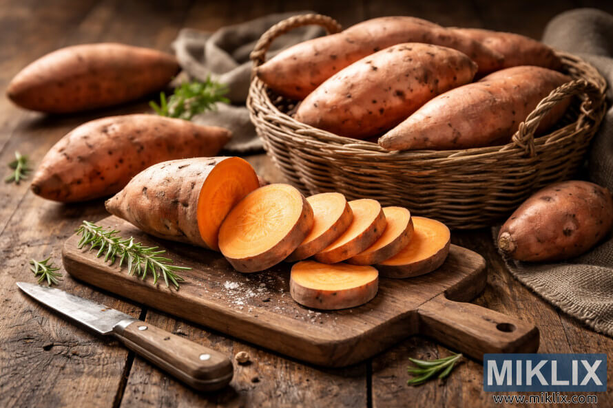 SÅodkie ziemniaki pokrojone na rustykalnej drewnianej desce do krojenia z koszykiem caÅych sÅodkich ziemniaków i rozmarynu na stole w wiejskim domu SÅodkie ziemniaki pokrojone na rustykalnej drewnianej desce do krojenia z koszykiem caÅych sÅodkich ziemniaków i rozmarynu na stole w wiejskim domu