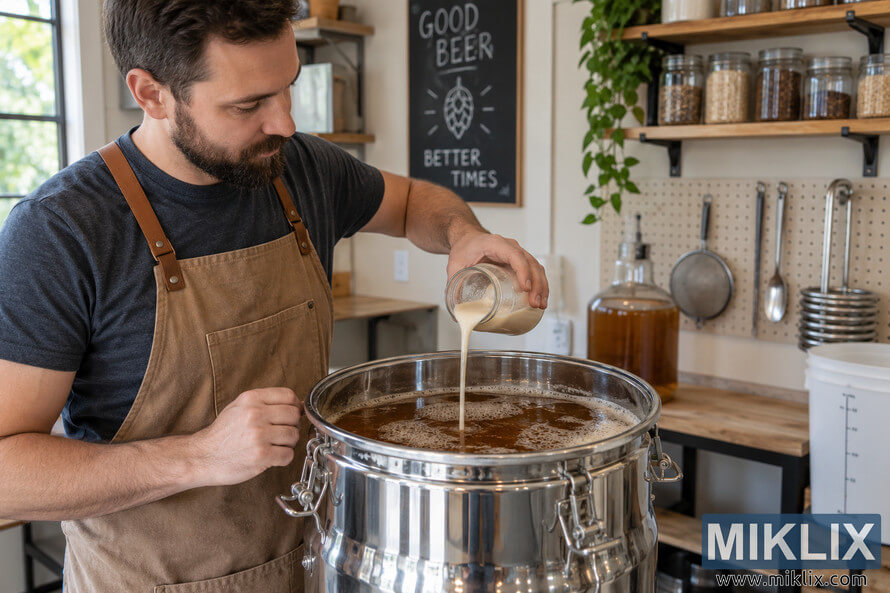 Homebrewer pouring pale liquid from a glass jar into an open stainless-steel fermenter filled with amber wort in a bright brewing workspace. Homebrewer pouring pale liquid from a glass jar into an open stainless-steel fermenter filled with amber wort in a bright brewing workspace.