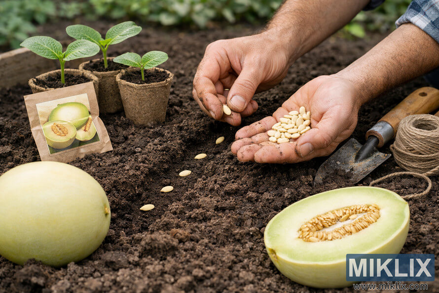 Landscape photo of a gardener’s hands planting pale honeydew melon seeds into dark, freshly tilled garden soil, with an open brown seed packet, small honeydew seedlings in peat pots, a wooden-handled trowel, jute twine, and whole and halved honeydew melons arranged around the planting row in a softly lit outdoor garden. Landscape photo of a gardener’s hands planting pale honeydew melon seeds into dark, freshly tilled garden soil, with an open brown seed packet, small honeydew seedlings in peat pots, a wooden-handled trowel, jute twine, and whole and halved honeydew melons arranged around the planting row in a softly lit outdoor garden.