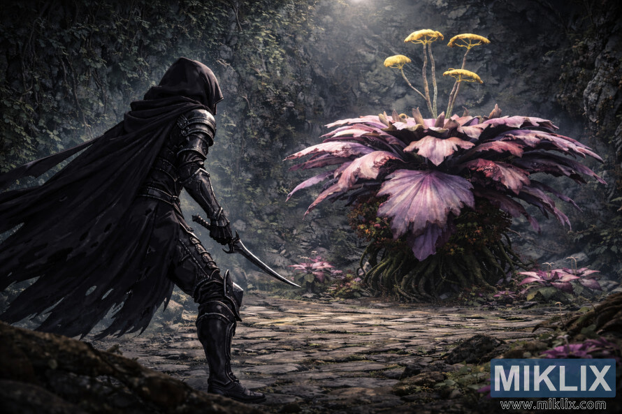 Sanaa ya mashabiki wa Elden Ring ya mtindo wa anime inayoonyesha silaha ya kisu cheusi iliyotiwa rangi nyeusi kutoka nyuma upande wa kushoto, ikikabiliana na bosi mkubwa zaidi wa Miranda Blossom akitawala upande wa kulia wa Pango la Tombsward.