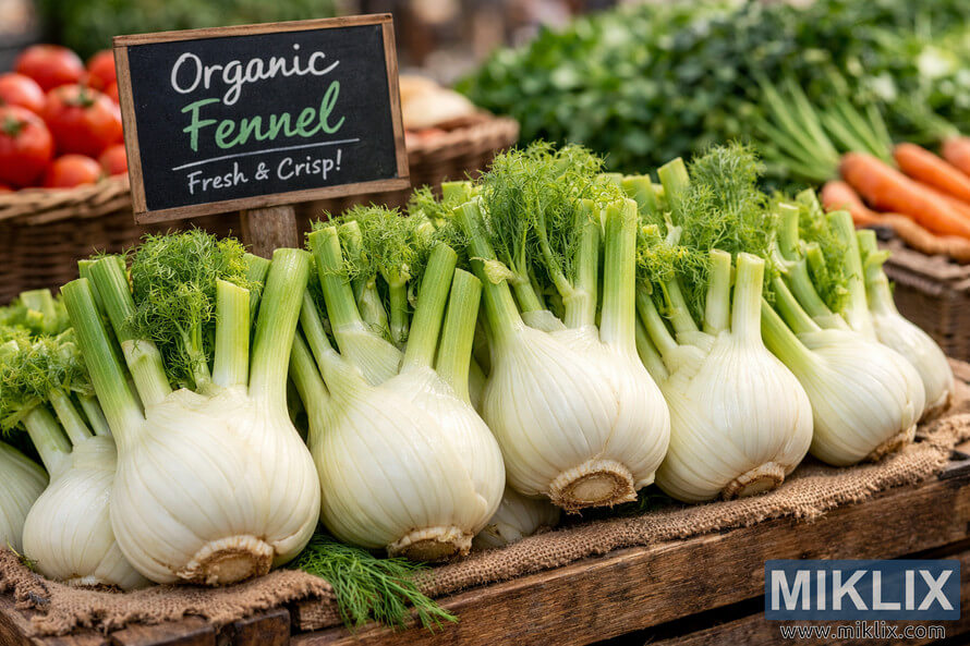 Fresh organic fennel bulbs displayed on a rustic wooden stand at an outdoor farmers market, surrounded by blurred vegetables and a chalkboard sign reading 'Organic Fennel Fresh & Crisp!'. Fresh organic fennel bulbs displayed on a rustic wooden stand at an outdoor farmers market, surrounded by blurred vegetables and a chalkboard sign reading 'Organic Fennel Fresh & Crisp!'.