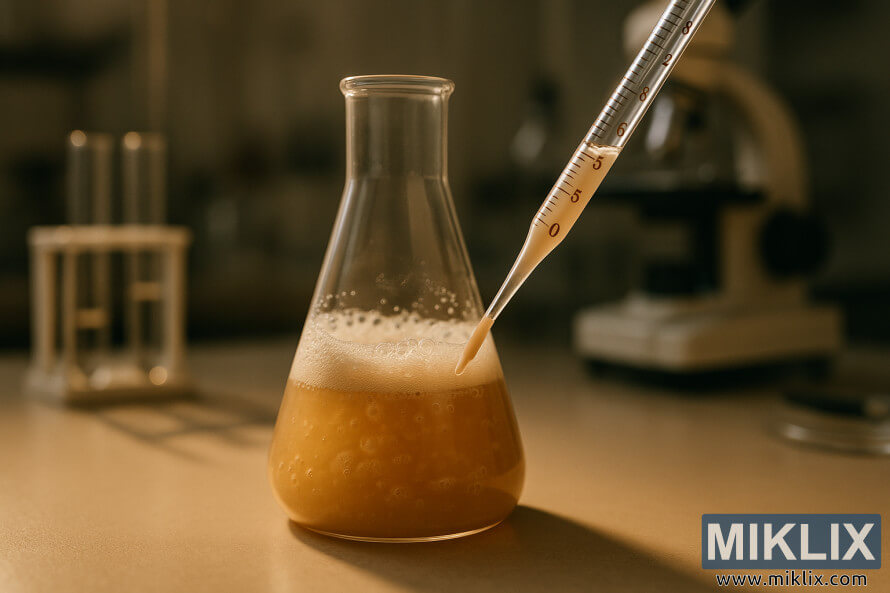 En pipette som måler gjærkultur over en Erlenmeyer-kolbe i et varmt opplyst laboratoriemiljø. En pipette som måler gjærkultur over en Erlenmeyer-kolbe i et varmt opplyst laboratoriemiljø.